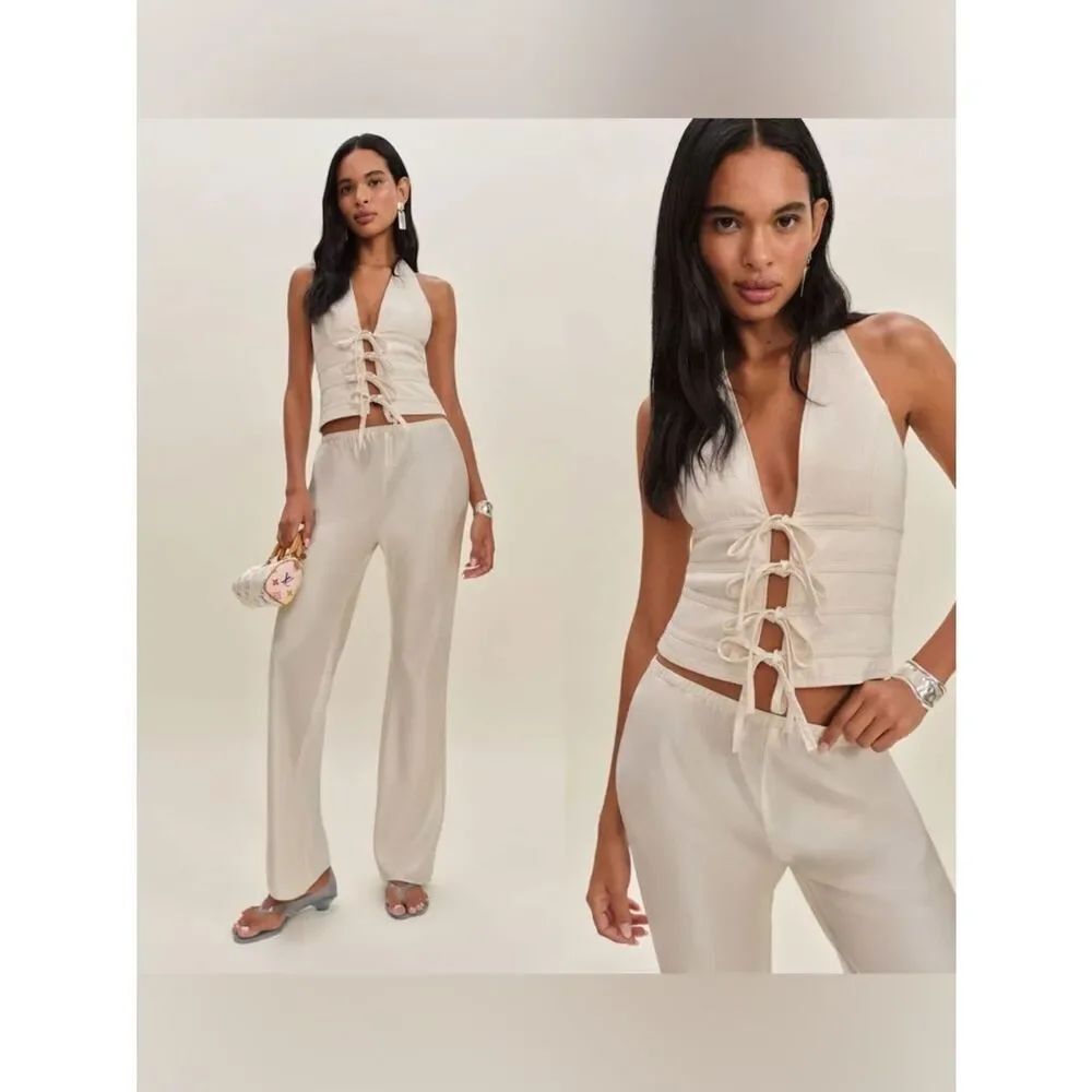 Reformation Natural Kyleigh Denim Halter front tie top in “Fior Di Latte”